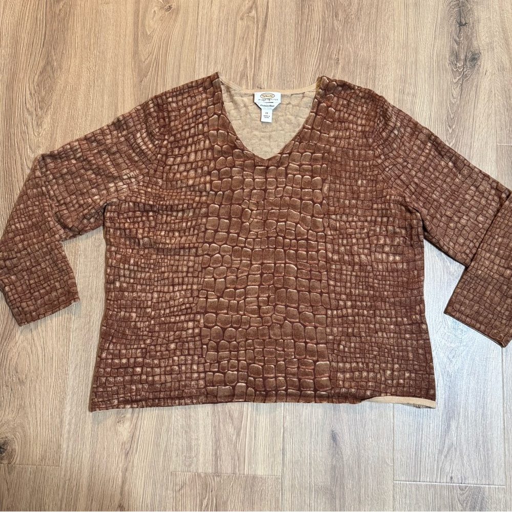 Talbots Sweater Cashmere Silk Blend 2XL Pullover Faux Croc Reptile Print Womens